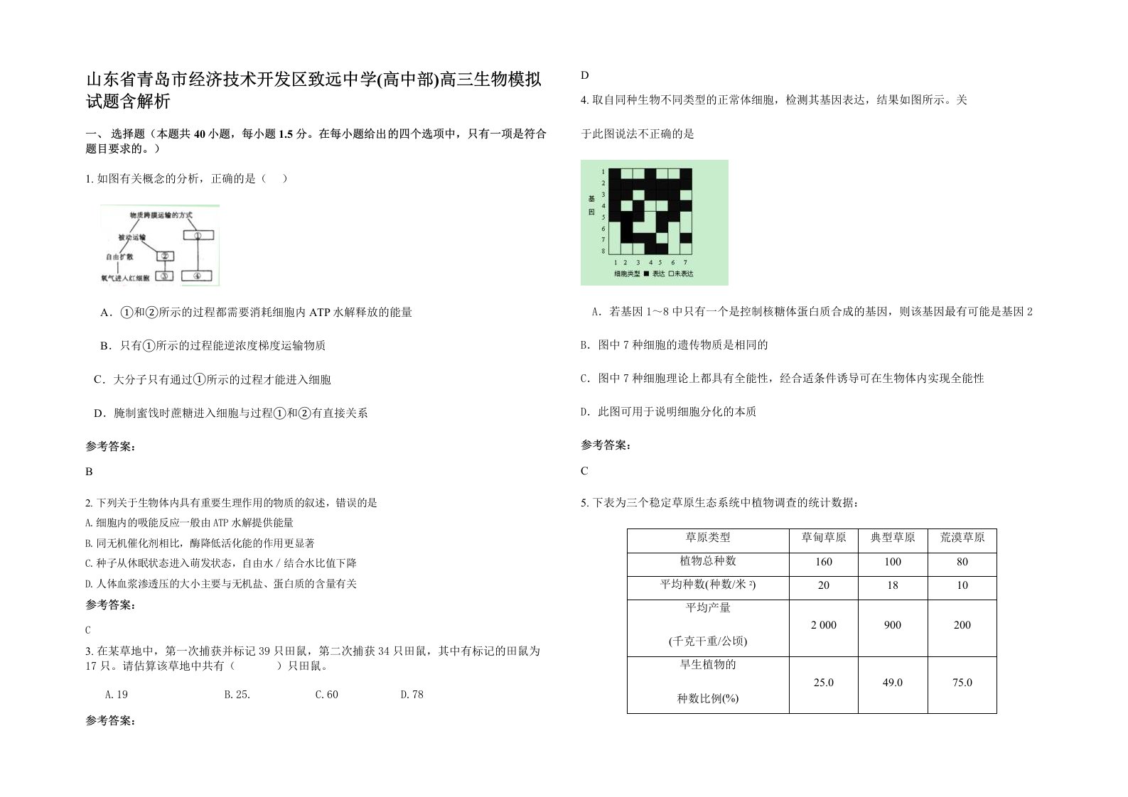 山东省青岛市经济技术开发区致远中学高中部高三生物模拟试题含解析