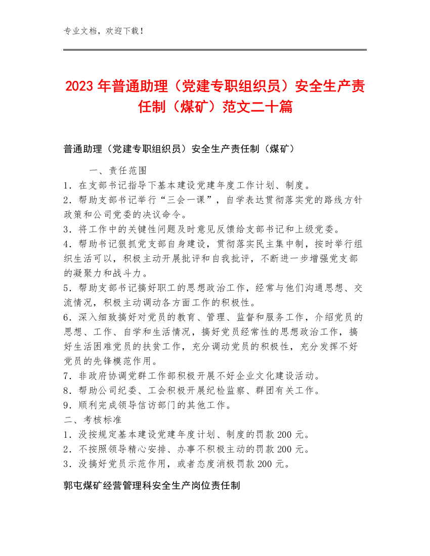 2023年普通助理（党建专职组织员）安全生产责任制（煤矿）范文二十篇