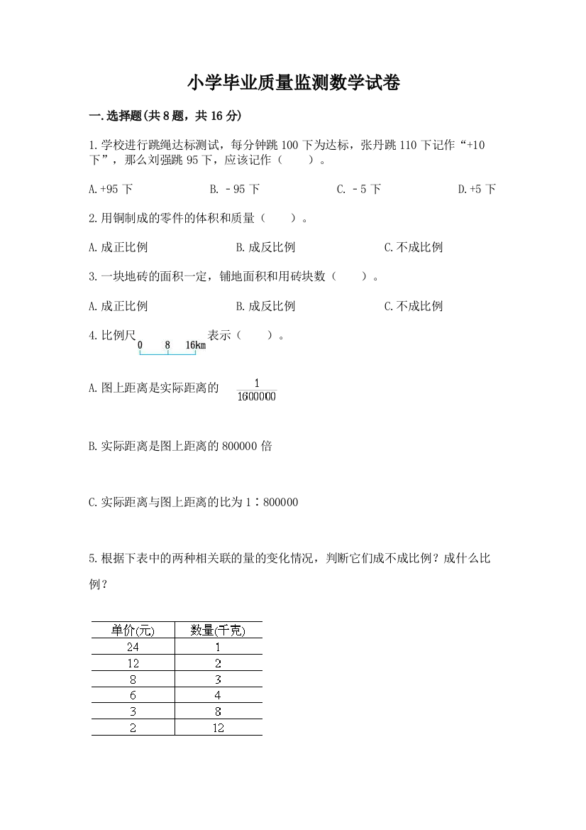 小学毕业质量监测数学试卷及参考答案（培优a卷）