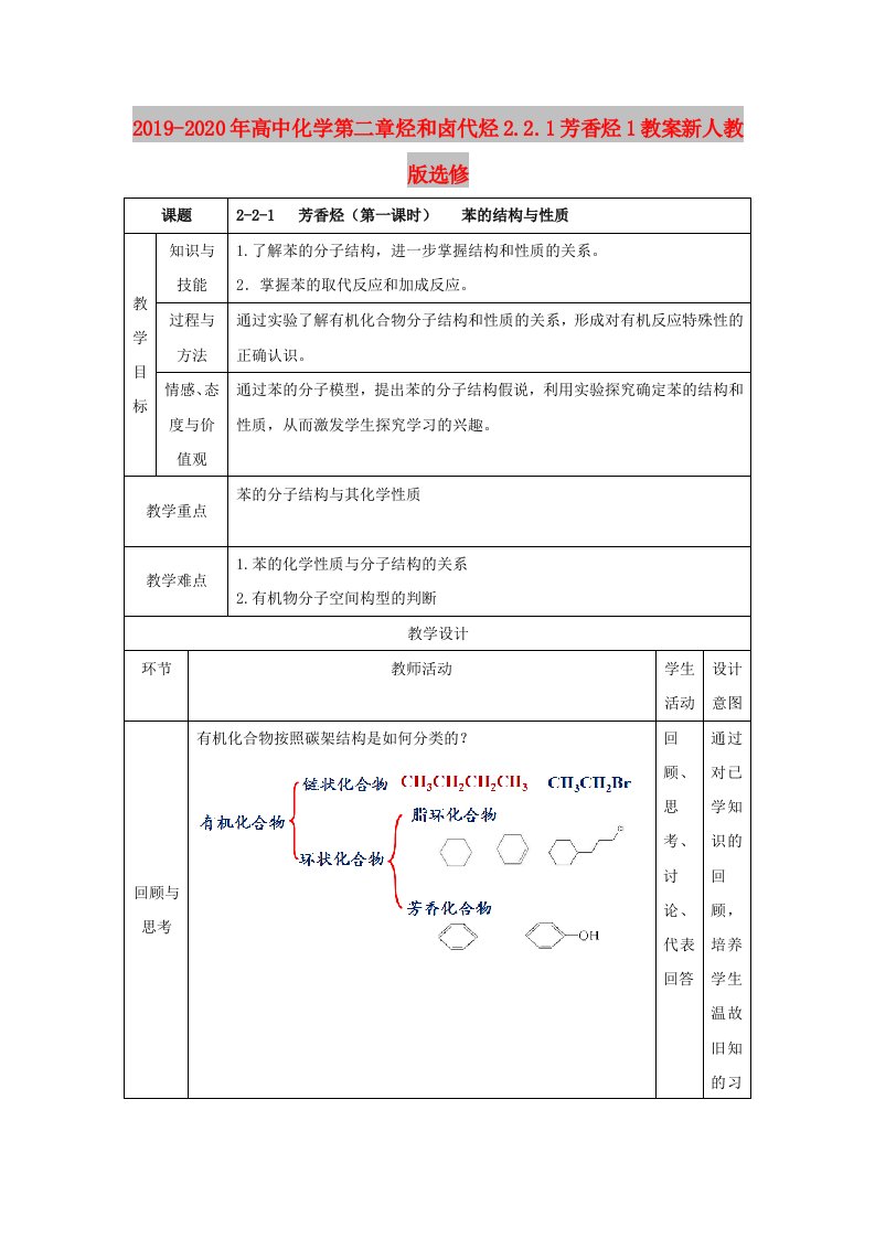 2019-2020年高中化学第二章烃和卤代烃2.2.1芳香烃1教案新人教版选修