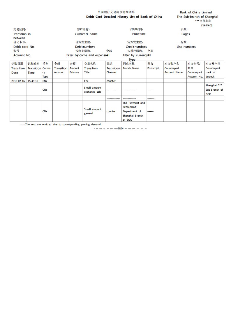 中国银行交易流水明细清单翻译模板格式签证