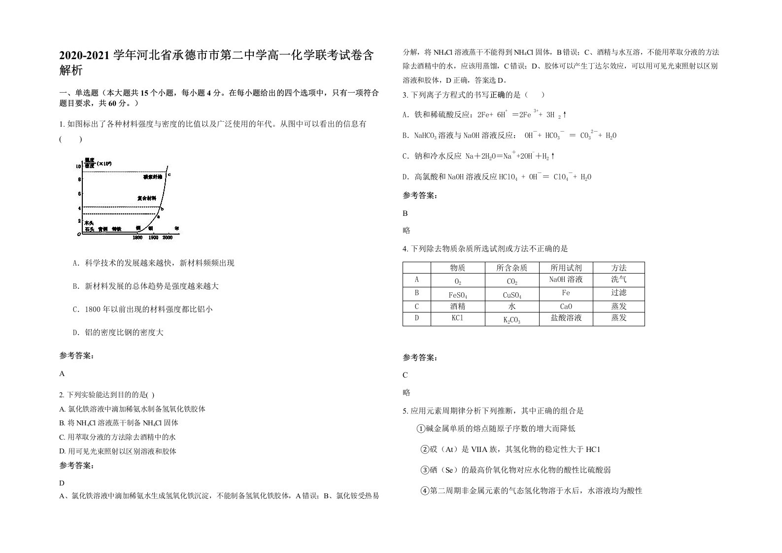 2020-2021学年河北省承德市市第二中学高一化学联考试卷含解析