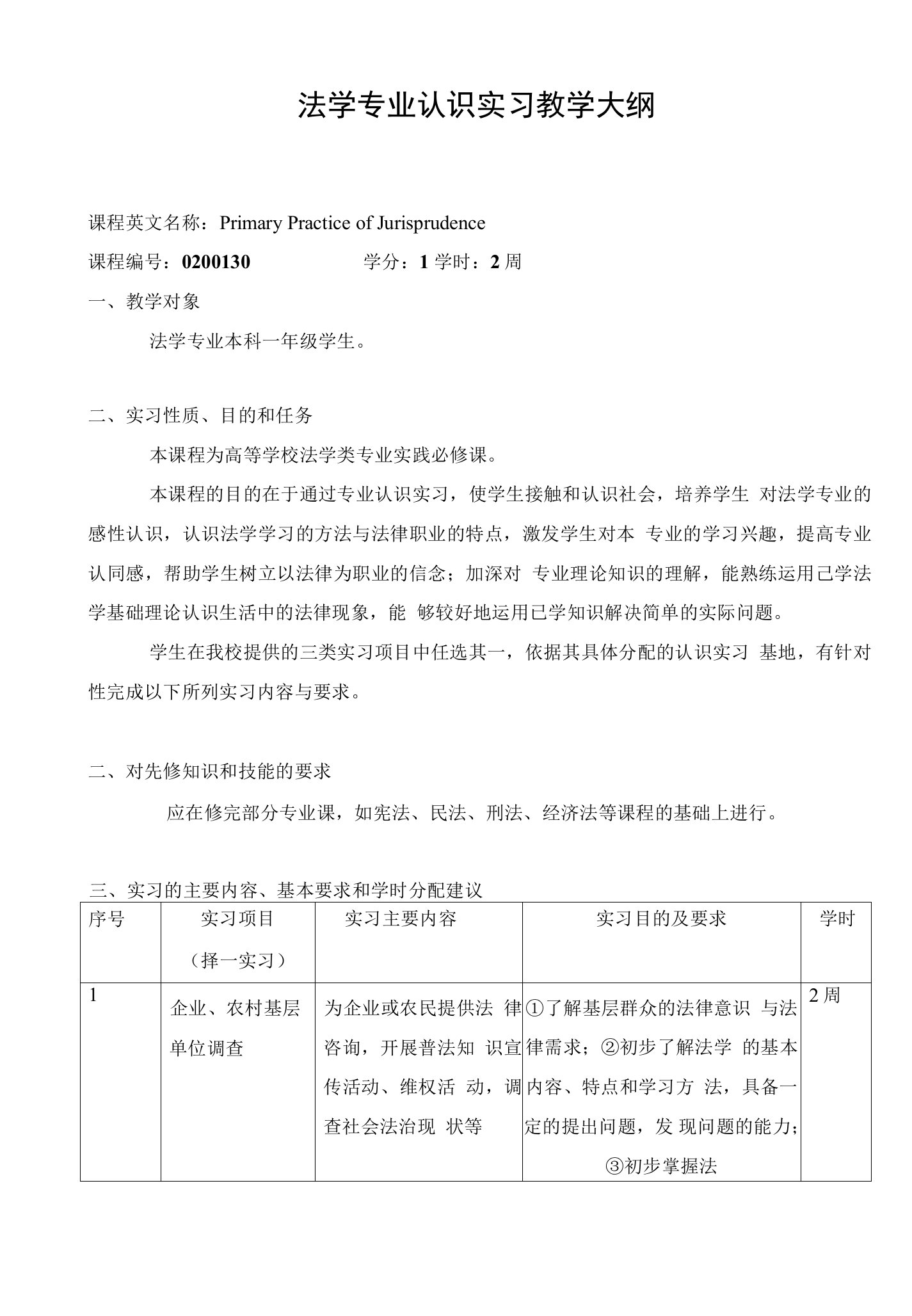 法学专业认识实习教学大纲