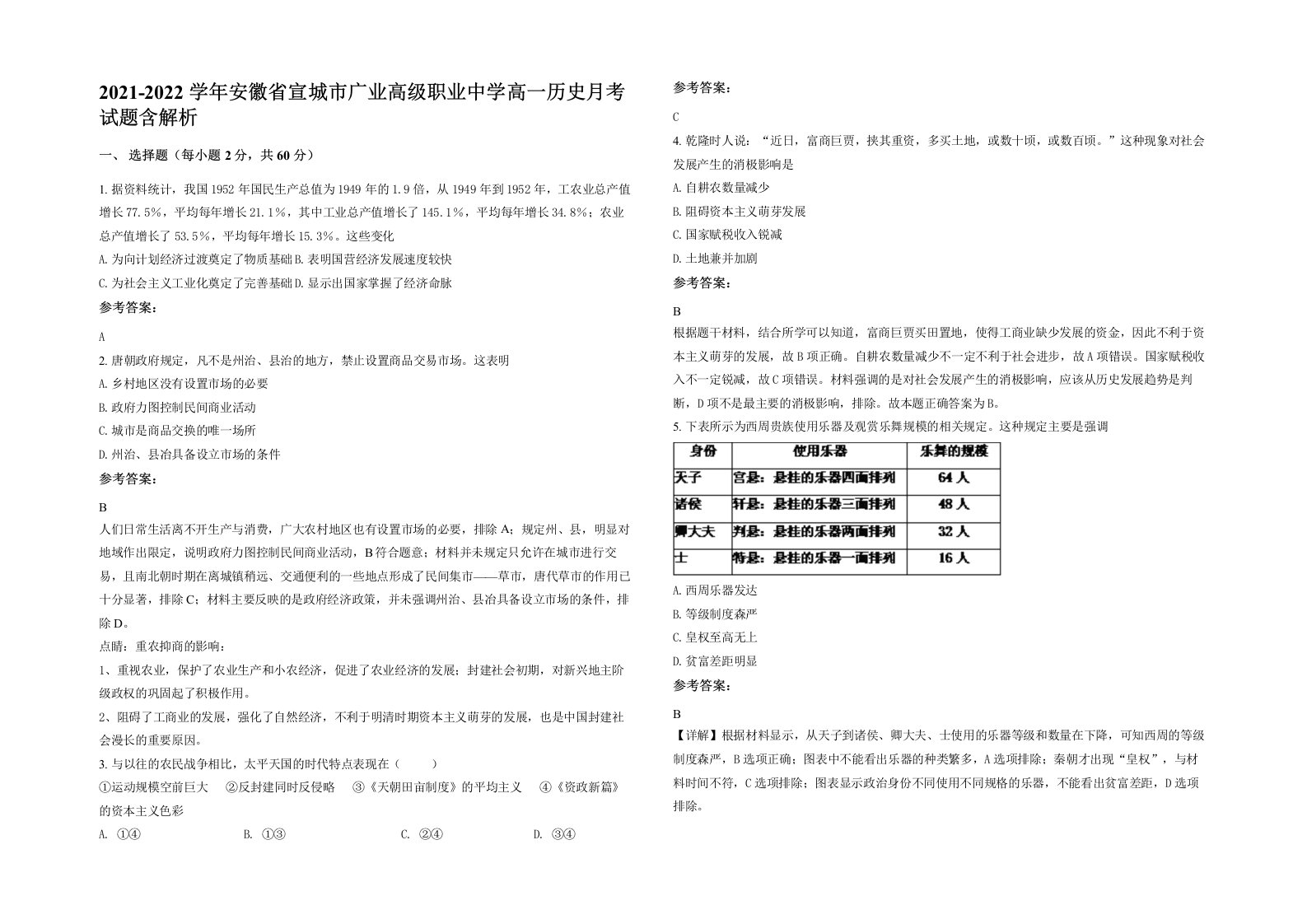 2021-2022学年安徽省宣城市广业高级职业中学高一历史月考试题含解析