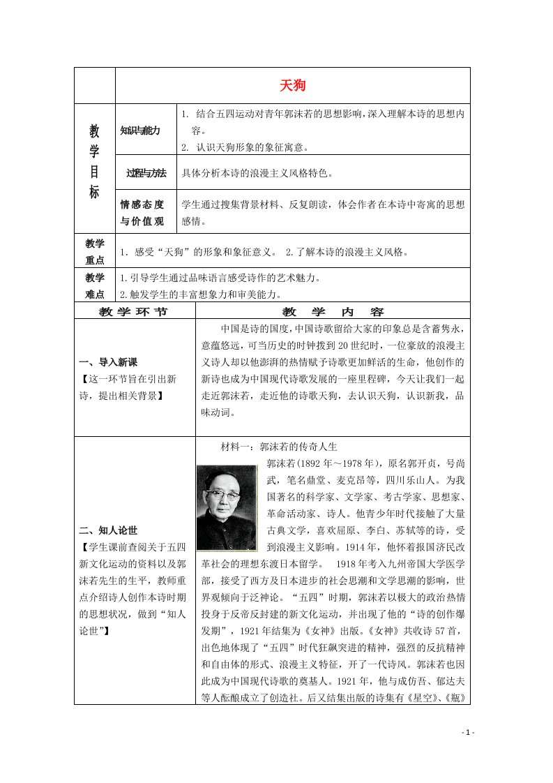 2020_2021学年高中语文诗歌部分第一单元天狗教案1新人教版选修中国现代诗歌散文欣赏