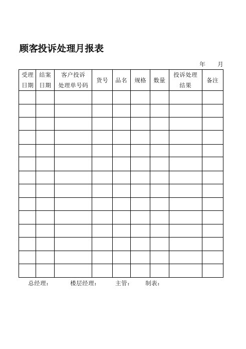 顾客投诉处理月报表