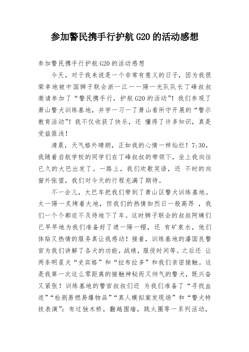 参加警民携手行护航G20的活动感想