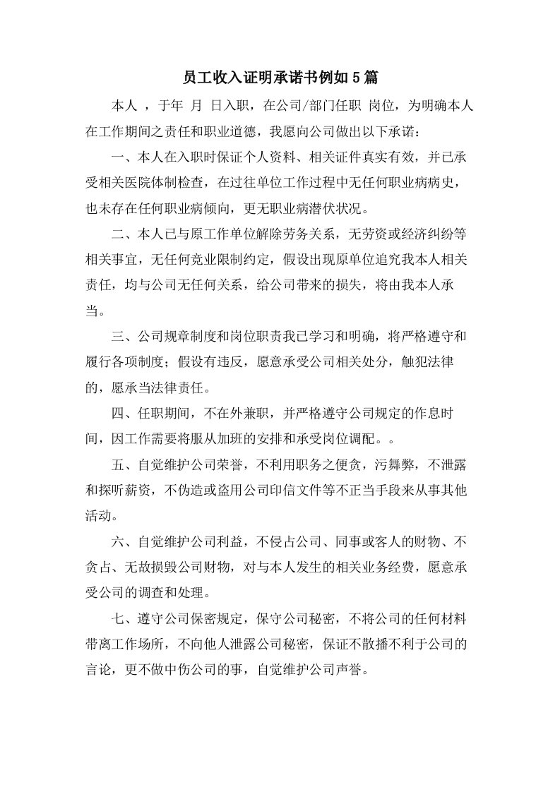 员工收入证明承诺书示例5篇