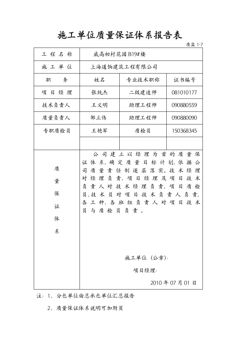 施工单位质量保证体系报告表