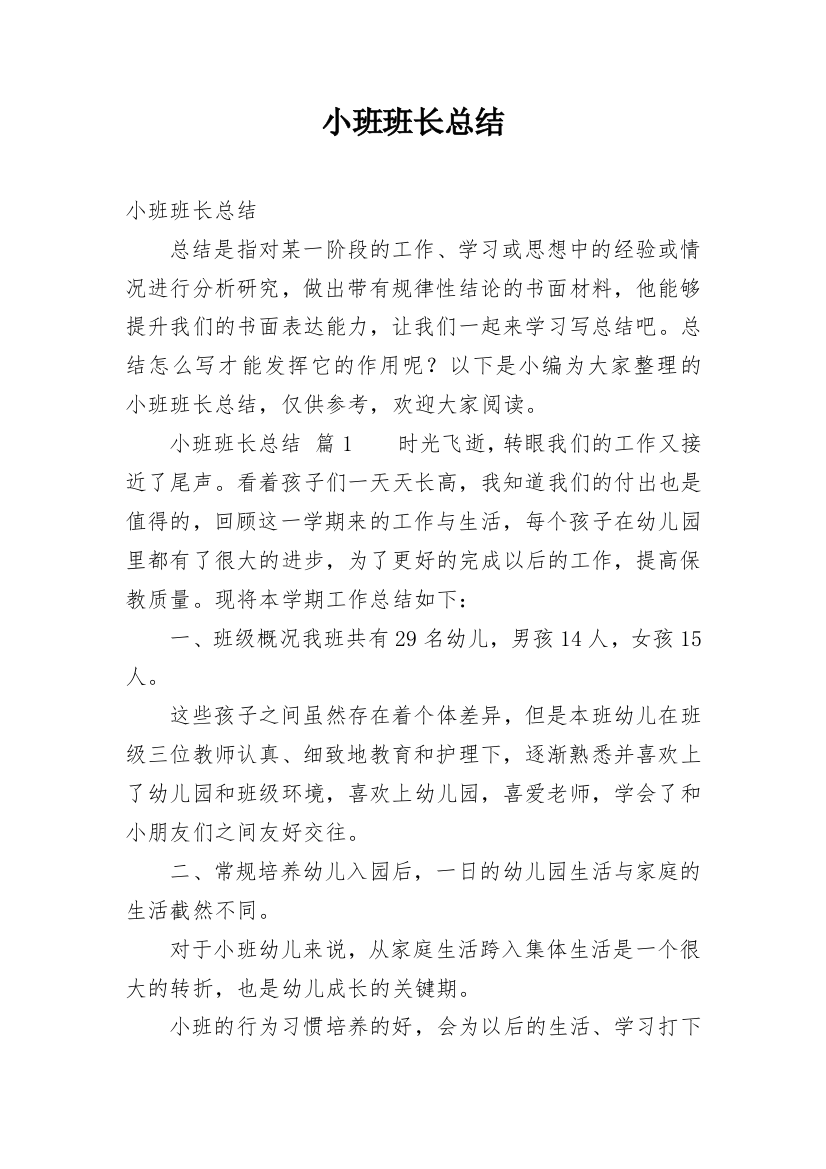 小班班长总结