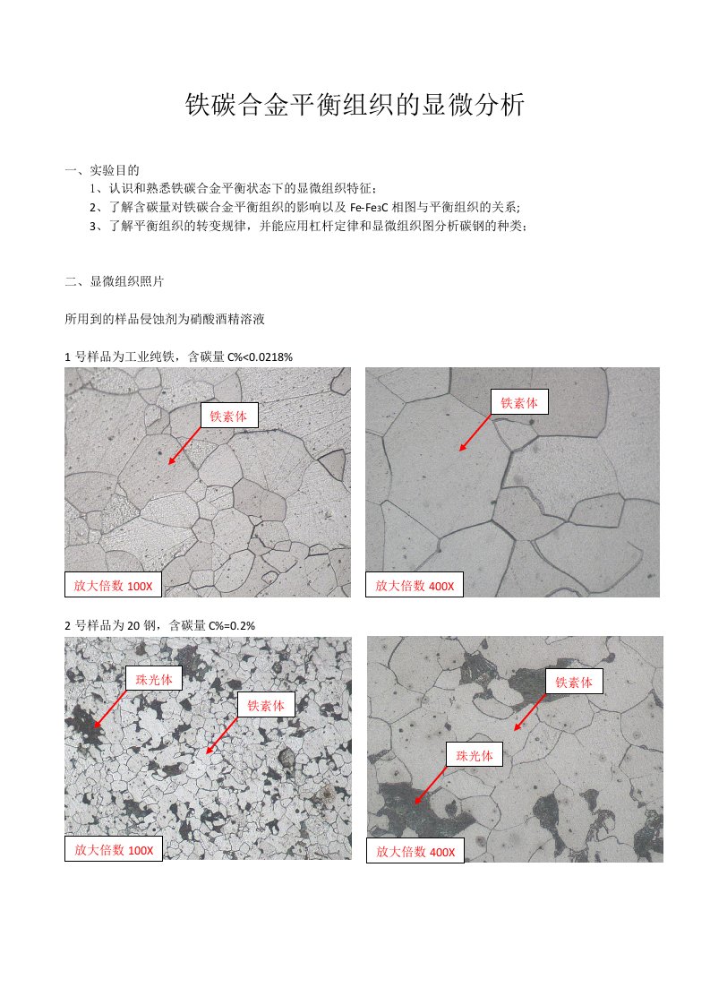 铁碳合金平衡组织的显微分析实验报告