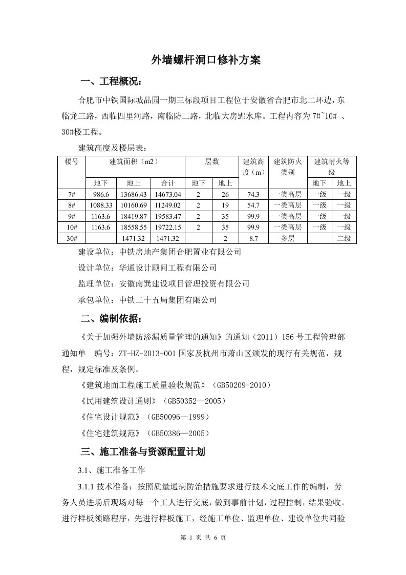 合肥市中铁国际城品园一期三标段项目工程外墙螺杆洞口修补方案