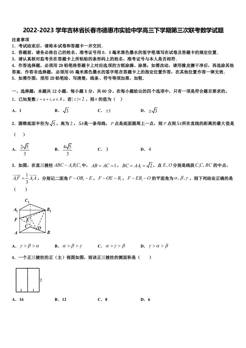 2022-2023学年吉林省长春市德惠市实验中学高三下学期第三次联考数学试题含解析