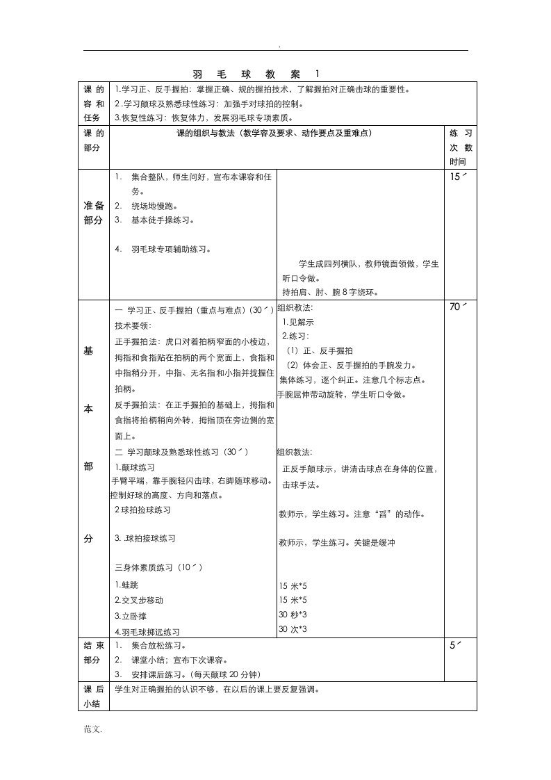 羽毛球教学方案