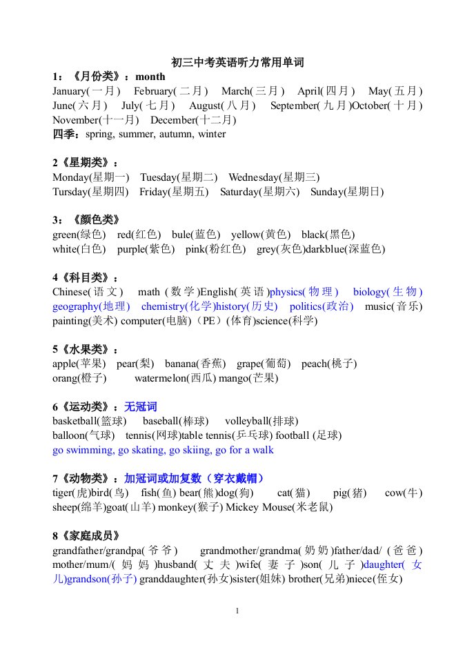 初三中考英语听力常用单词