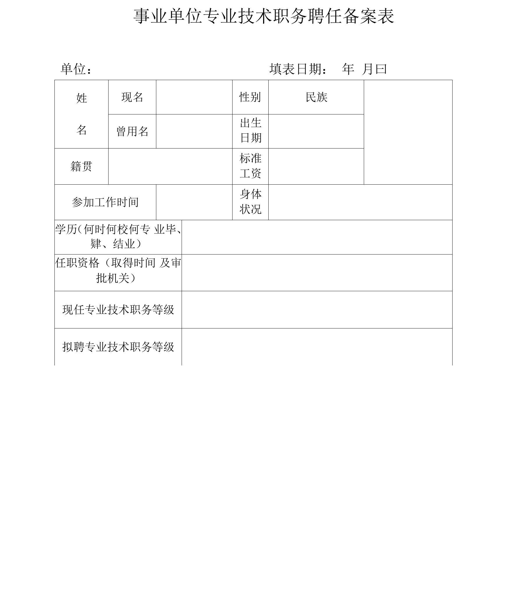 事业单位专业技术职务聘任备案表