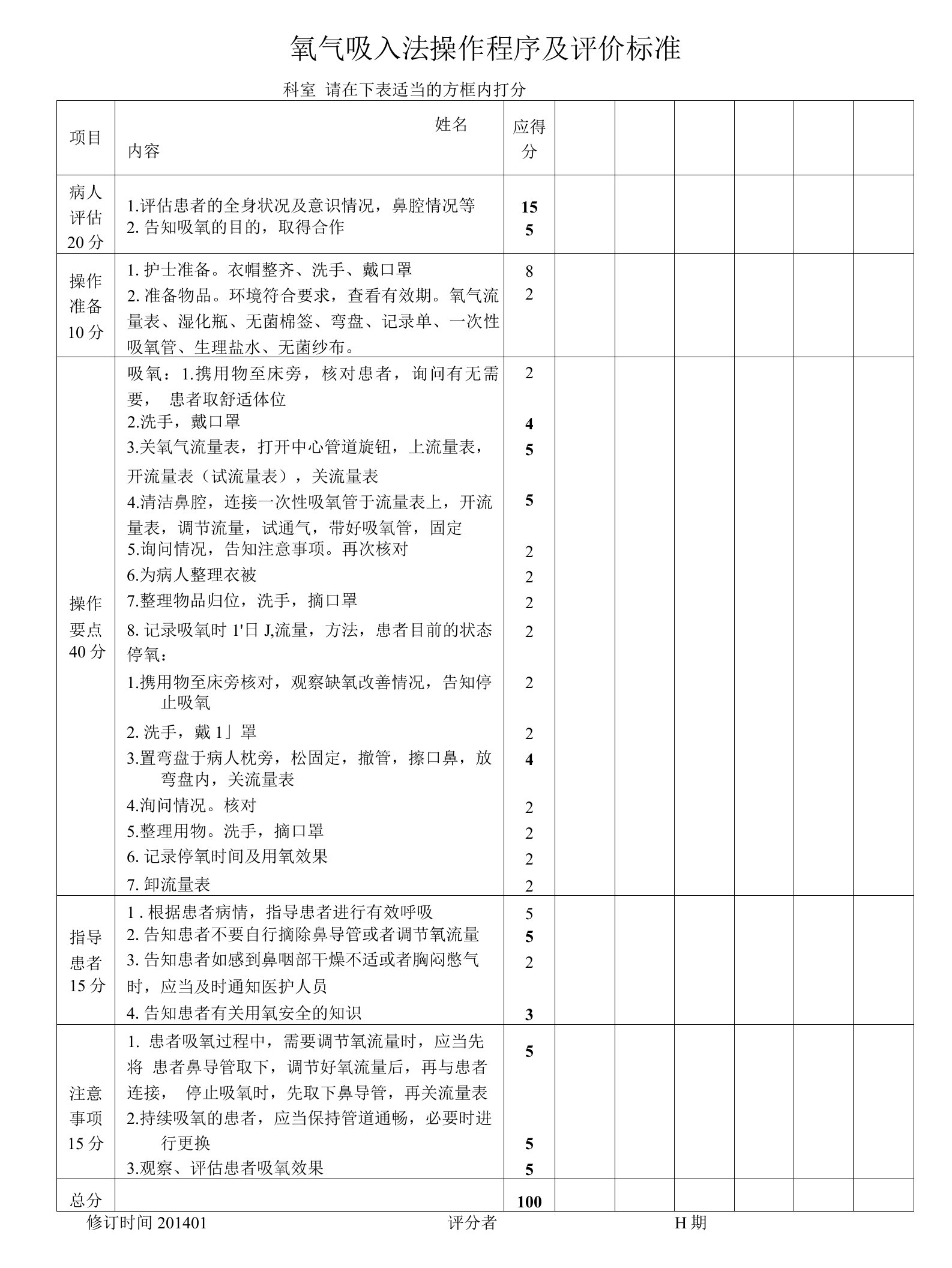 氧气吸入法操作程序及评价标准