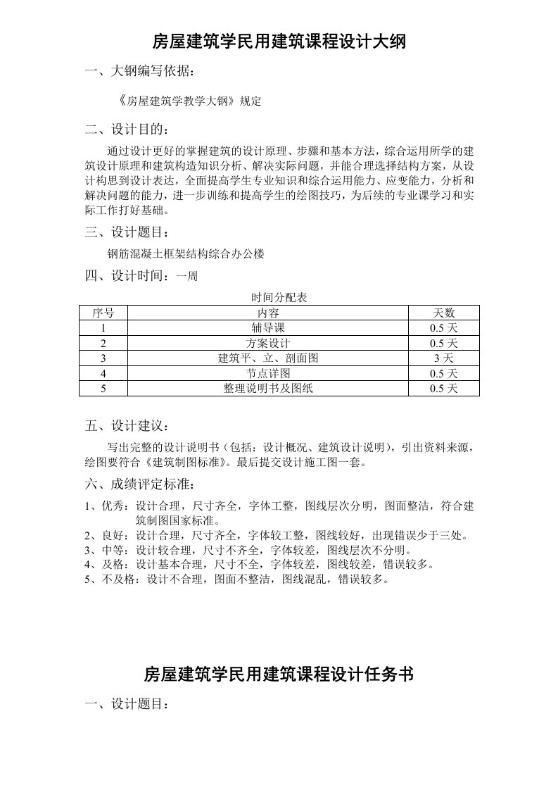 房屋建筑学课程设计大纲