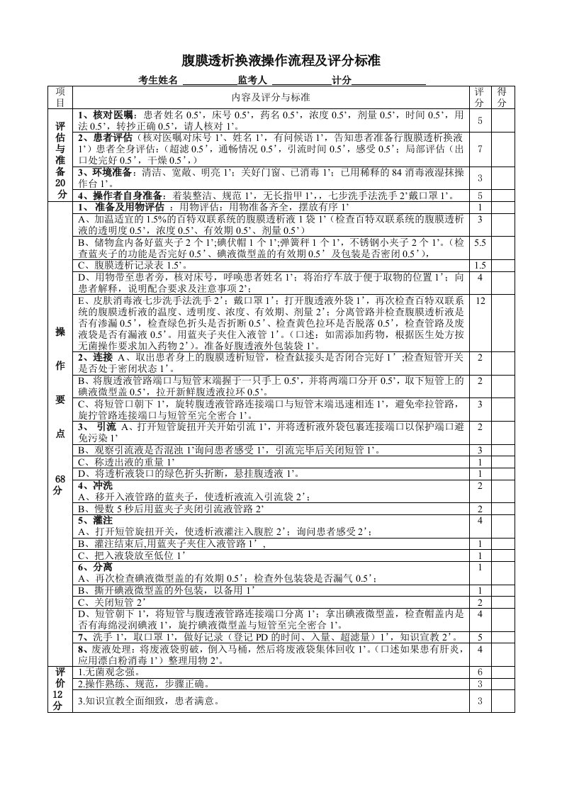 腹膜透析换液操作流程及评分标准