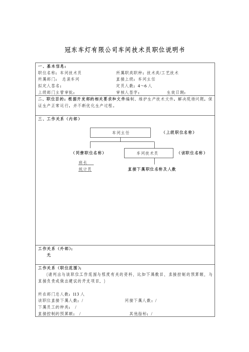 冠东车灯有限公司车间技术员职位说明书