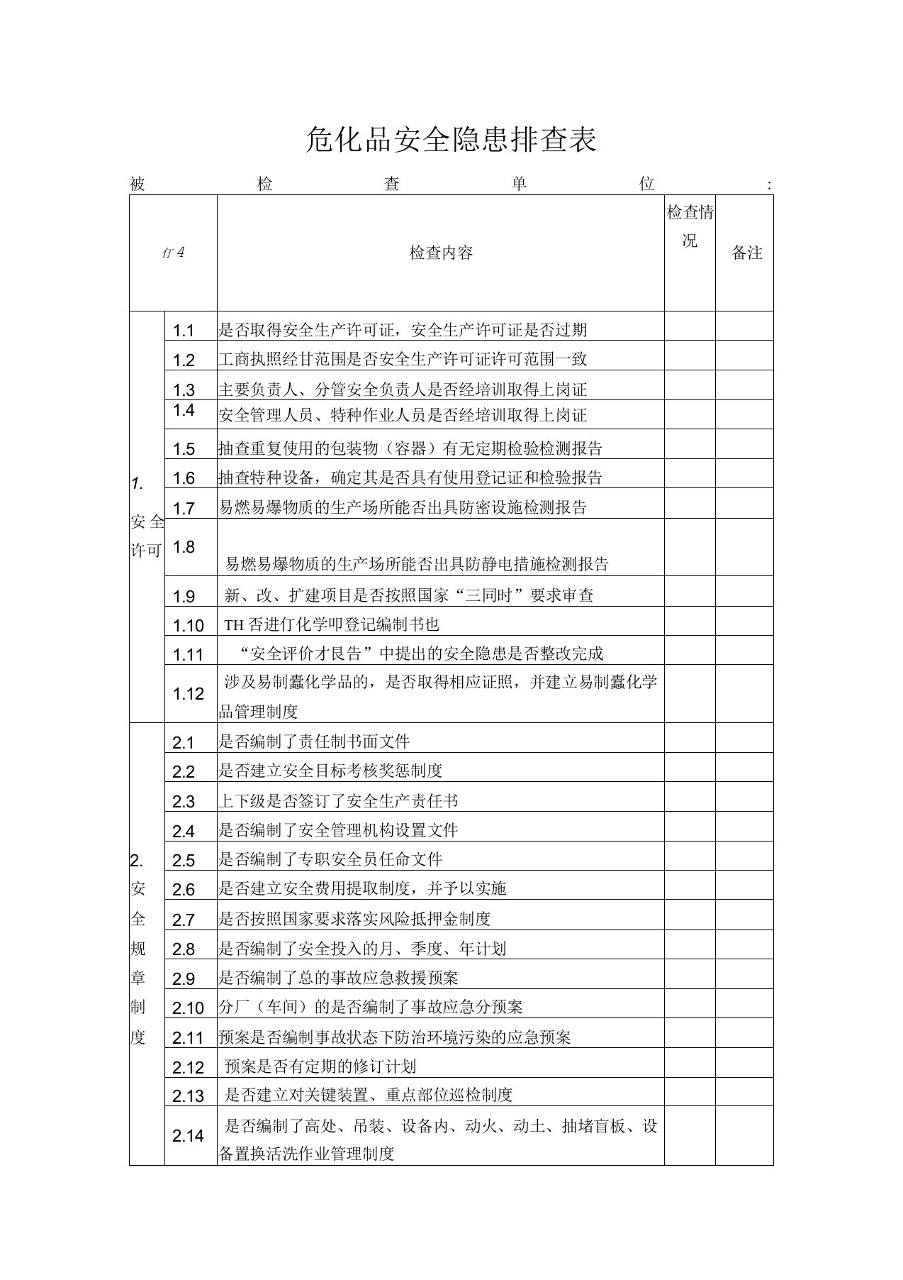 危化品安全隐患排查表