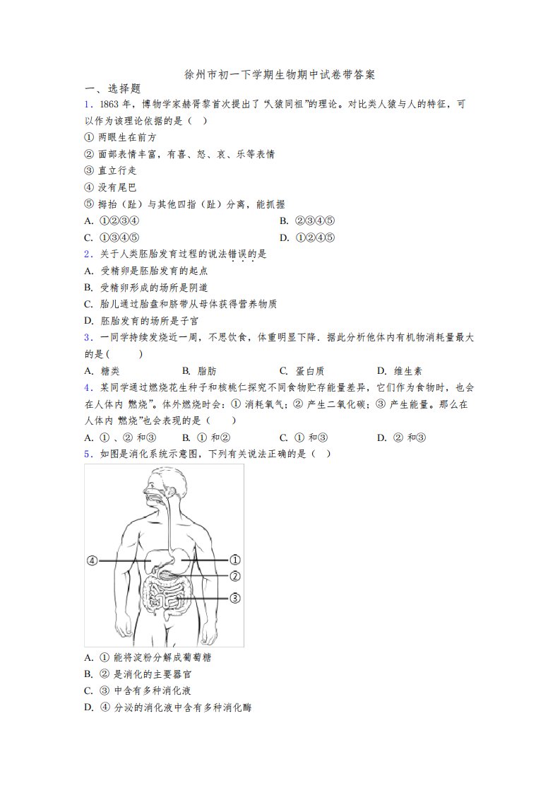 徐州市初一下学期生物期中试卷带答案