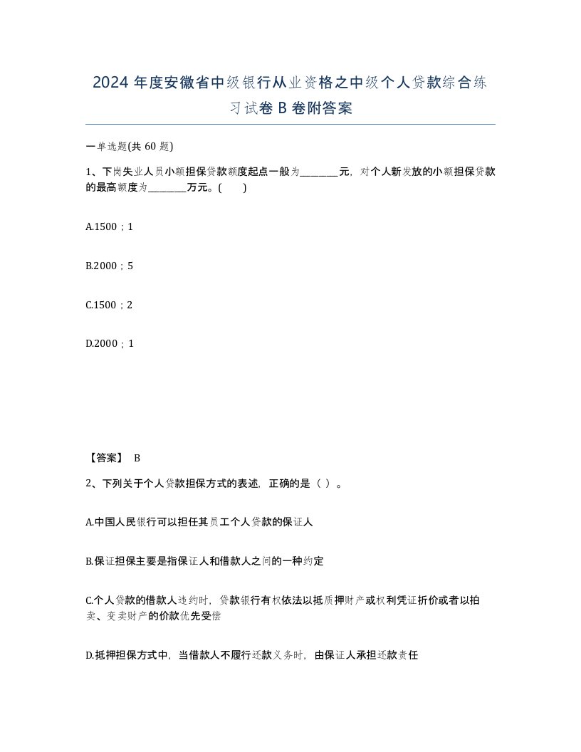 2024年度安徽省中级银行从业资格之中级个人贷款综合练习试卷B卷附答案