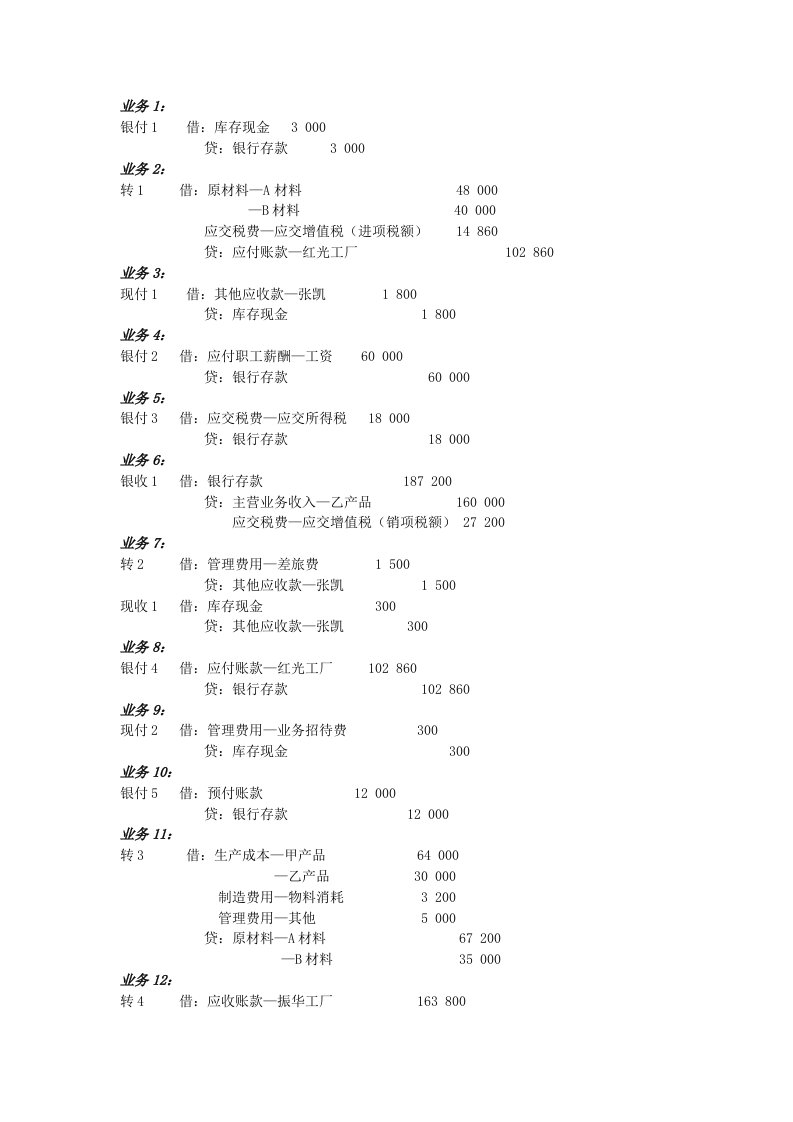 基础会计实训会计分录