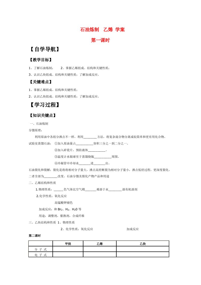 年高三化学高考二轮复习专题学案石油炼制乙烯学案模板