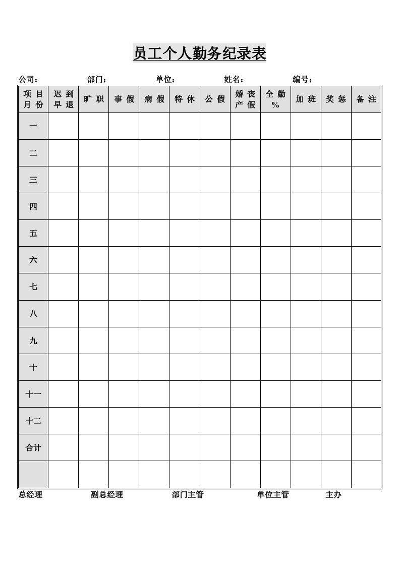 公司员工个人勤务纪录表