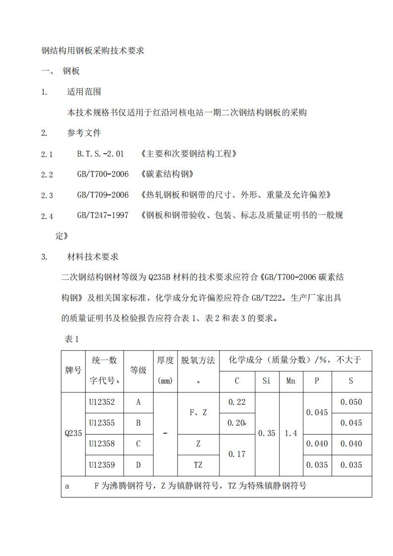 钢板采购技术规格书