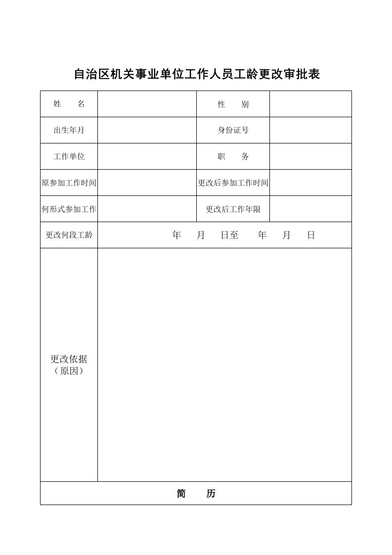 自治区机关事业单位工作人员工龄更改审批表(2009年7月)