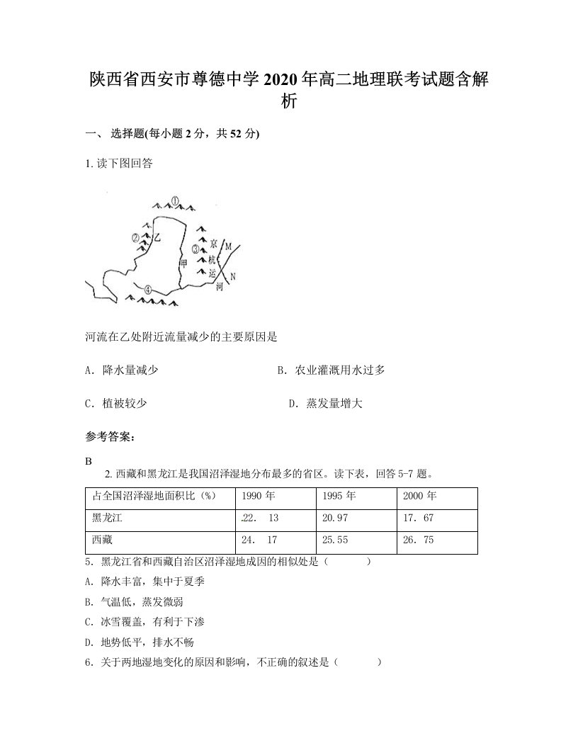 陕西省西安市尊德中学2020年高二地理联考试题含解析