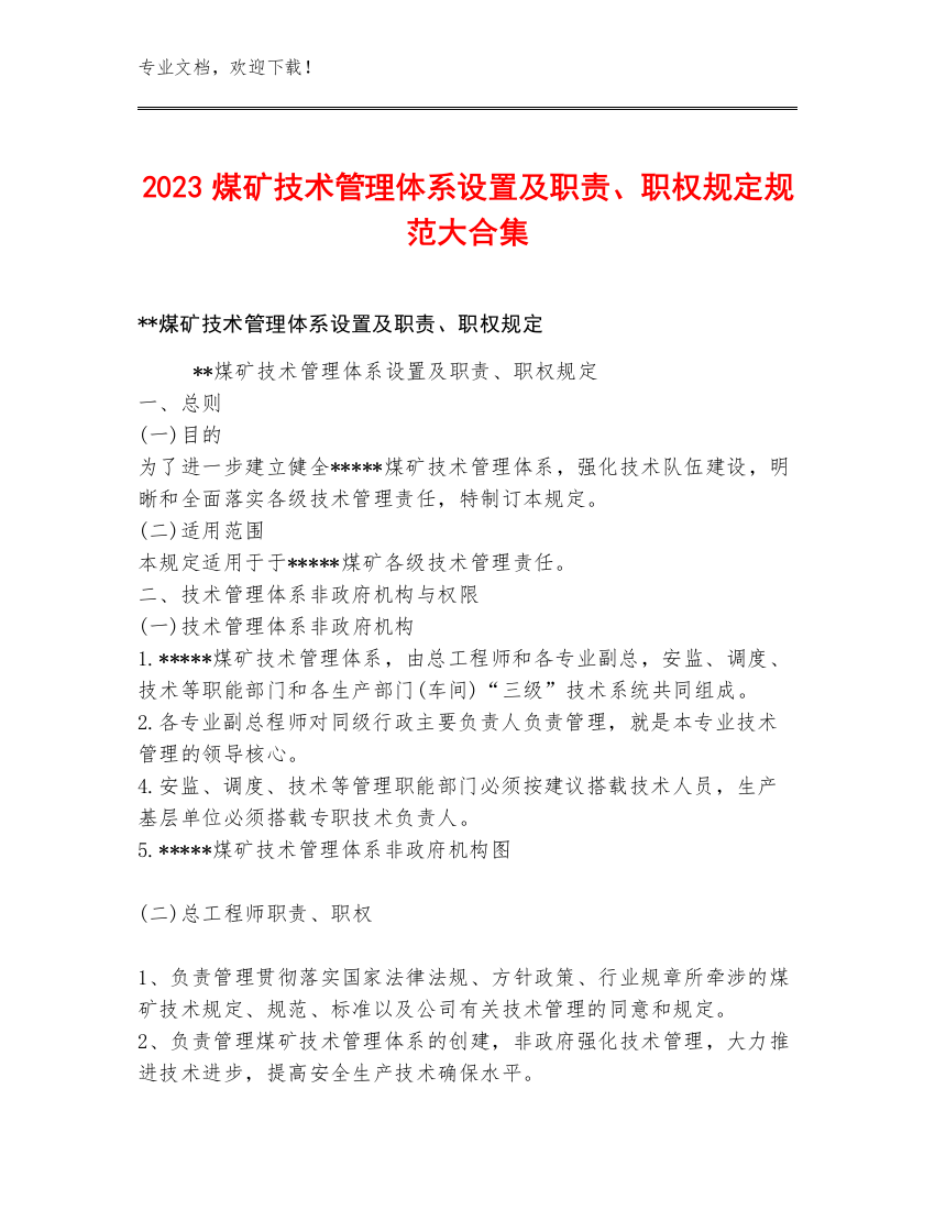 2023煤矿技术管理体系设置及职责、职权规定规范大合集