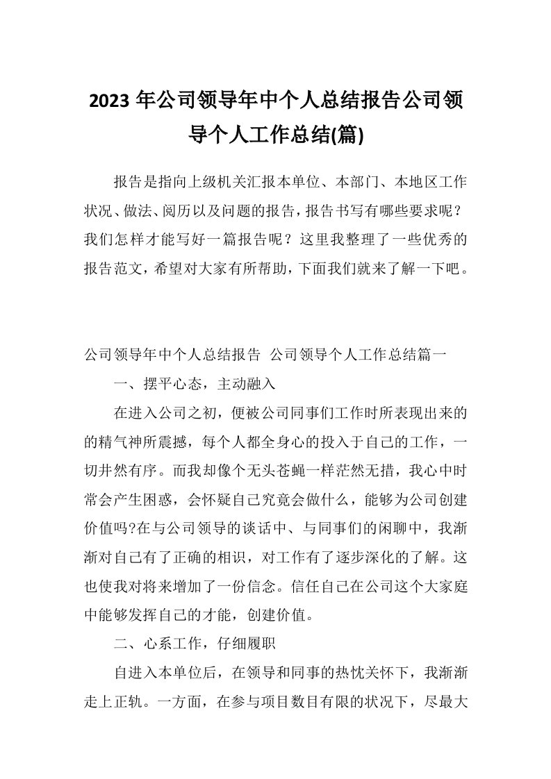 2023年公司领导年中个人总结报告公司领导个人工作总结(篇)