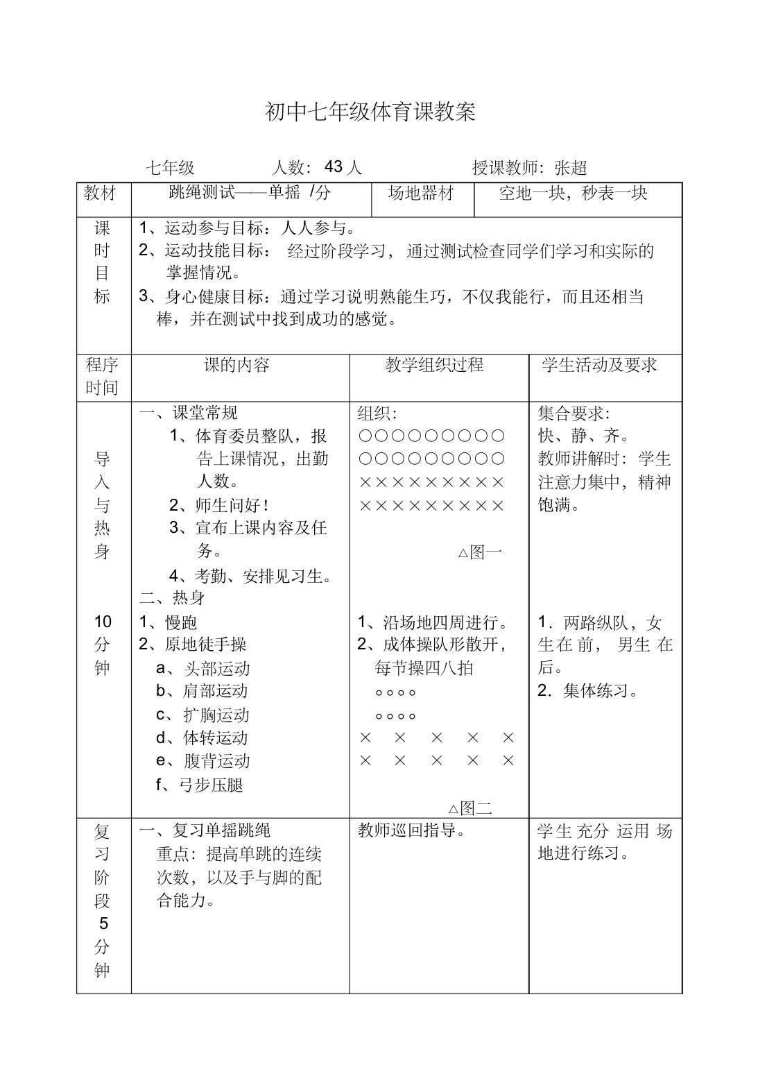 初中学校体育课教案跳绳测试——单摇(分)