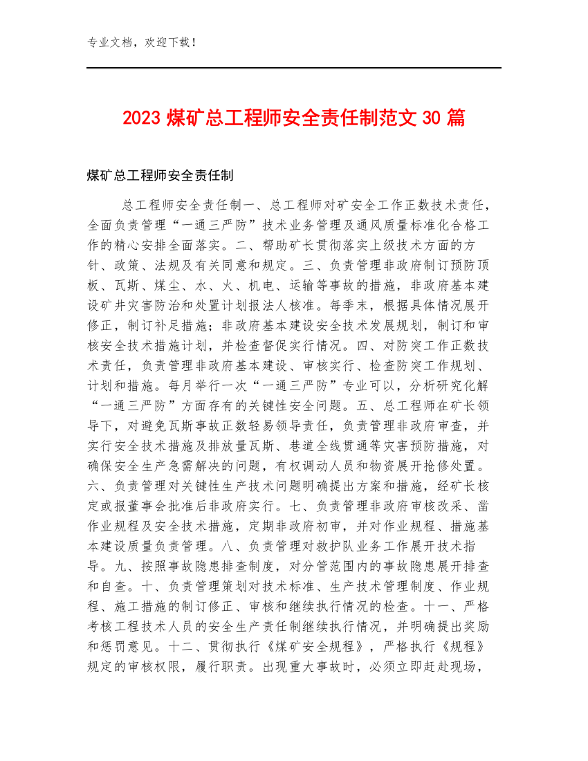 2023煤矿总工程师安全责任制范文30篇