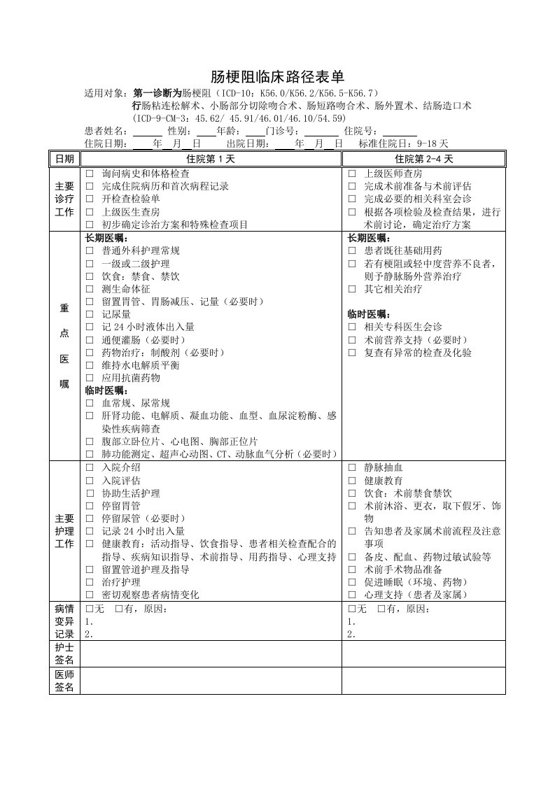 肠梗阻临床路径表单