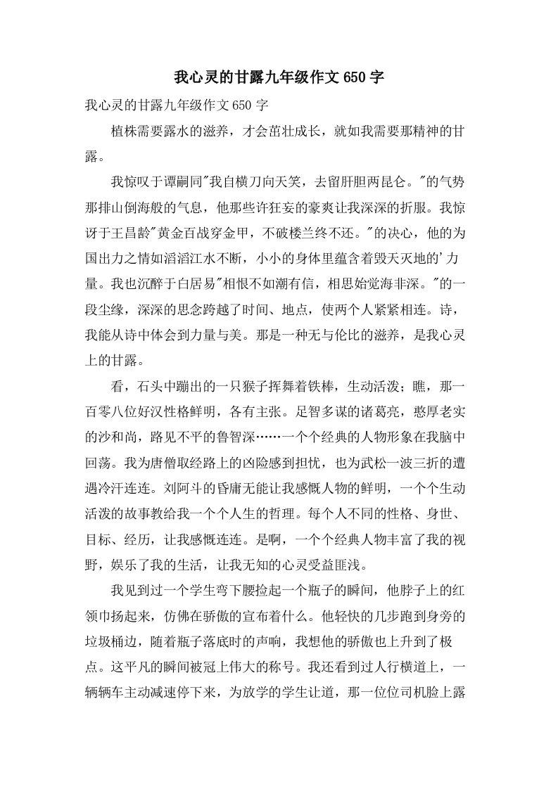 我心灵的甘露九年级作文650字