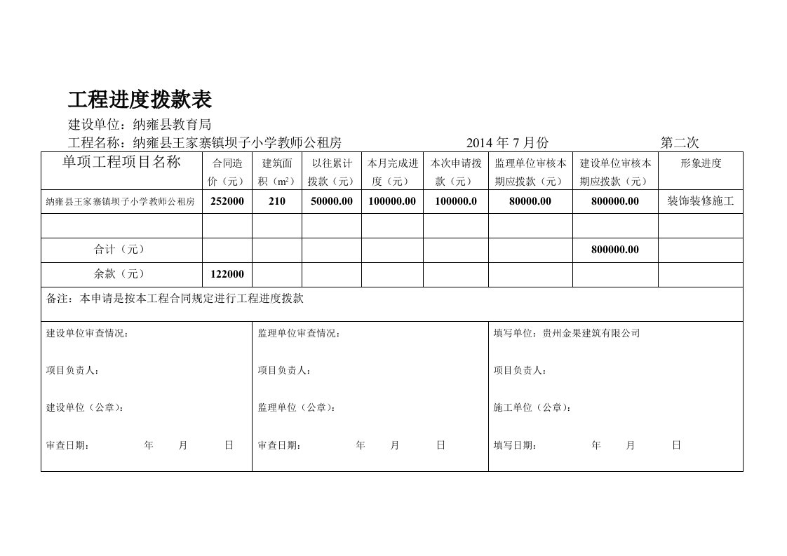 工程进度拨款表