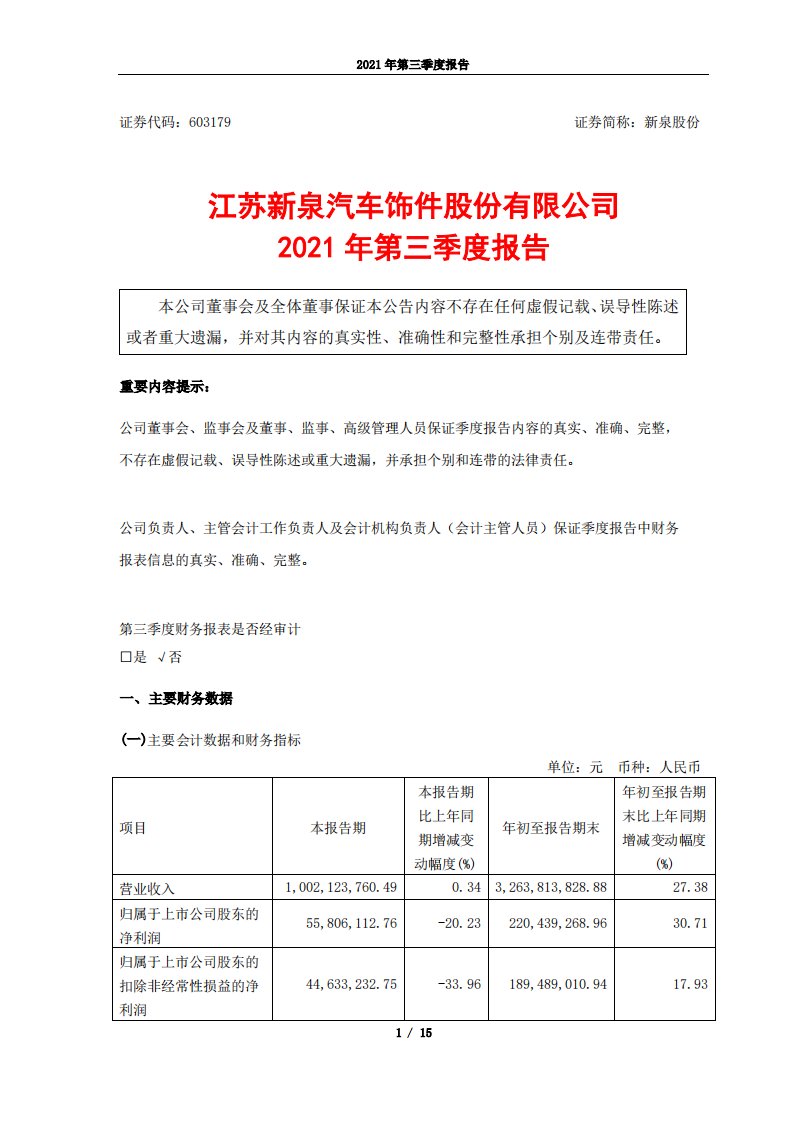 上交所-江苏新泉汽车饰件股份有限公司2021年第三季度报告-20211029