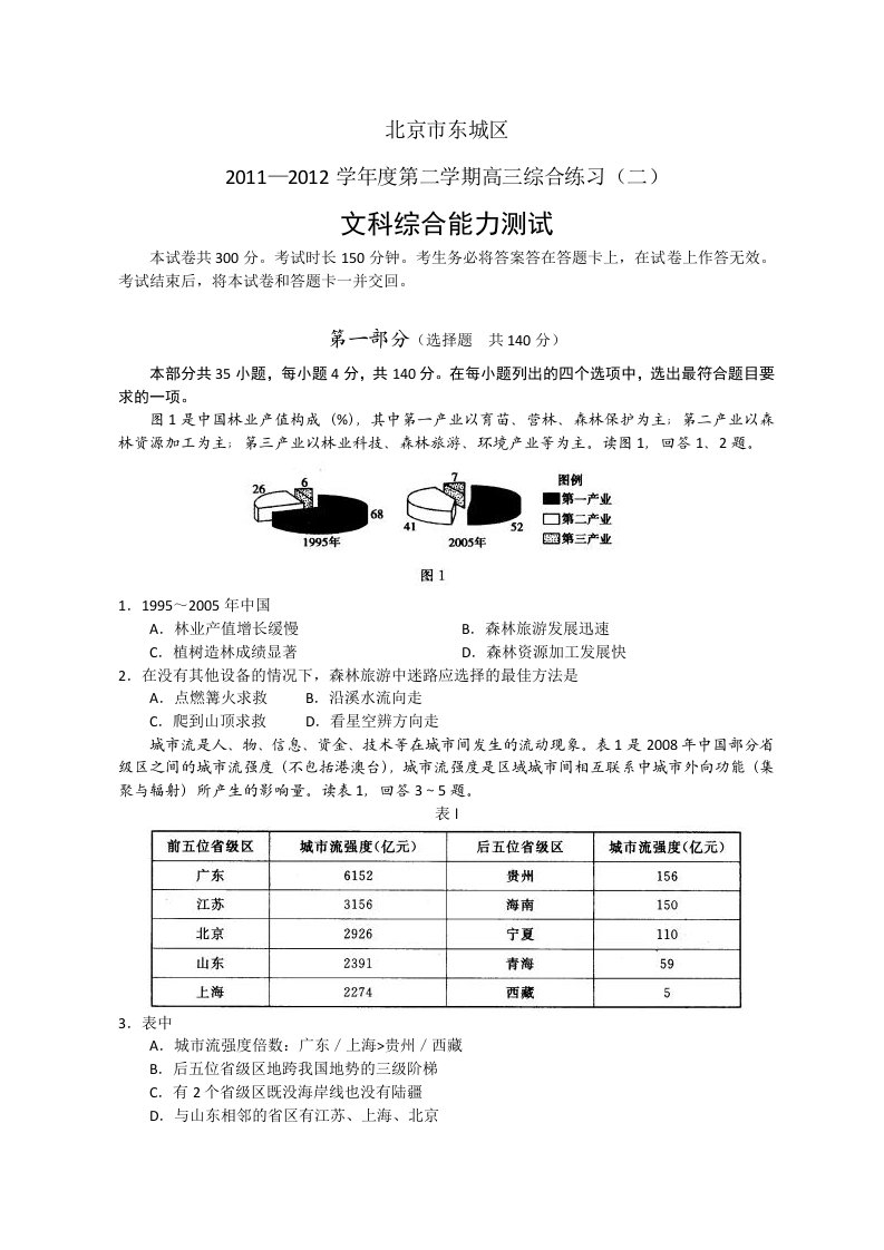 北京市东城区2012届高三下学期综合练习(二)文科综合试题