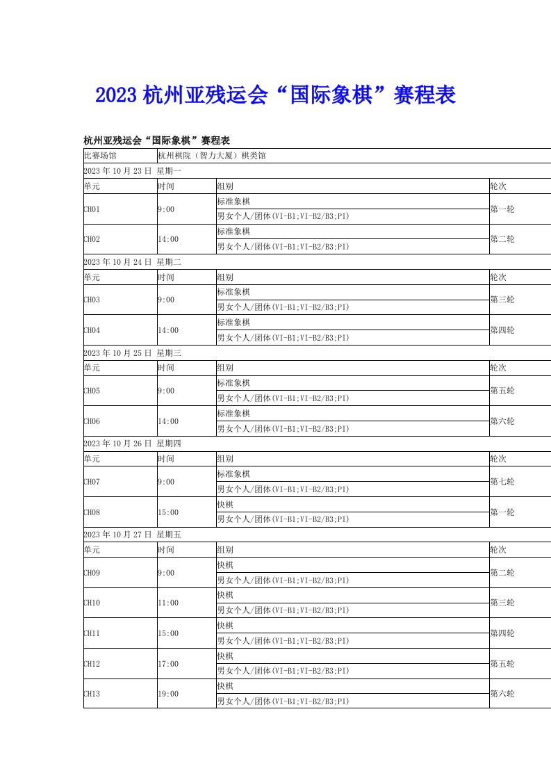 2023杭州亚残运会“国际象棋”赛程表