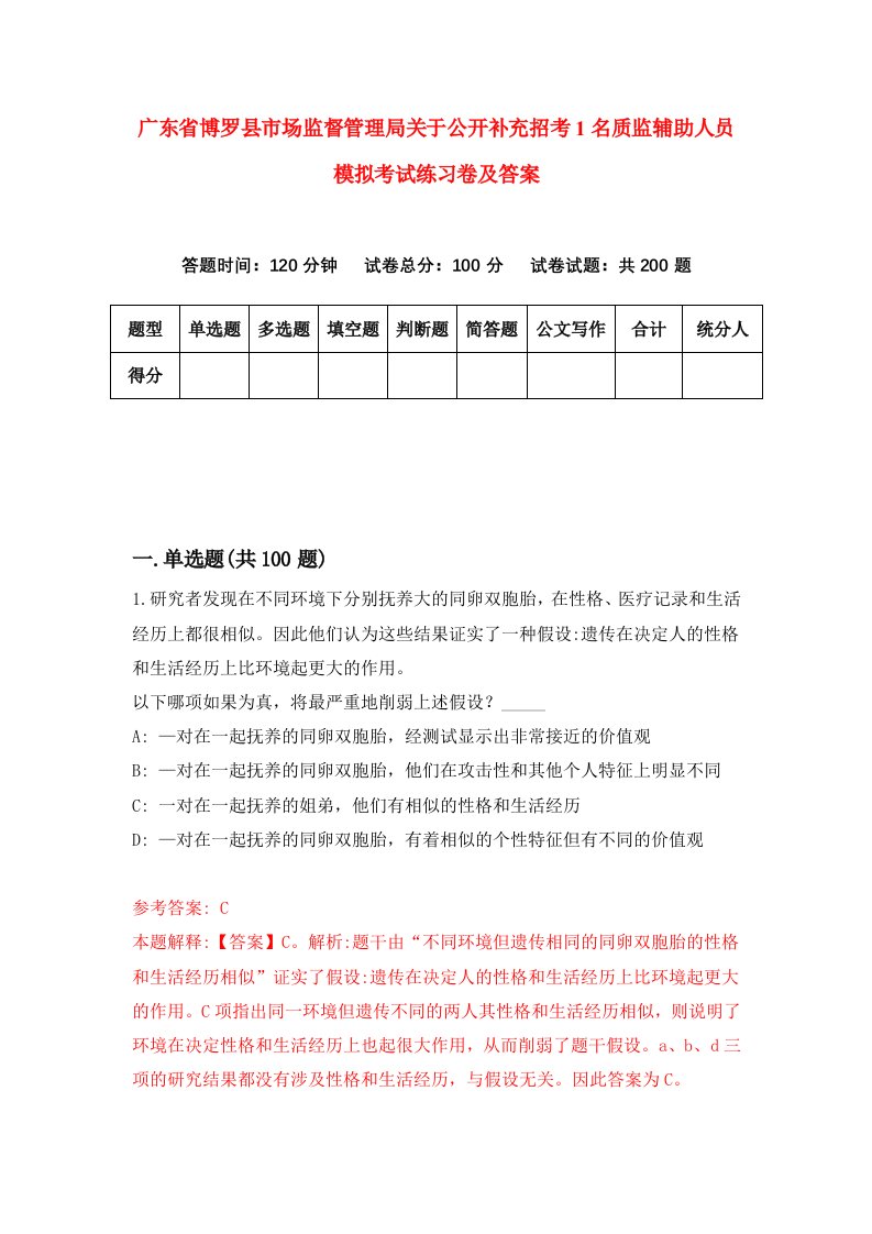 广东省博罗县市场监督管理局关于公开补充招考1名质监辅助人员模拟考试练习卷及答案3