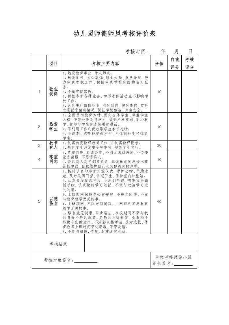 师德师风考核评价表