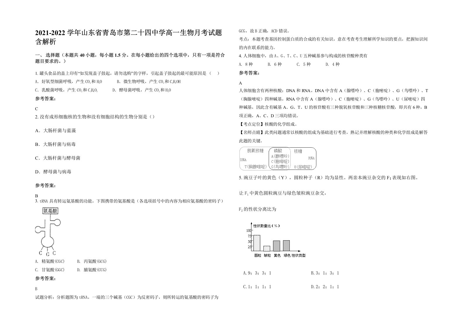 2021-2022学年山东省青岛市第二十四中学高一生物月考试题含解析