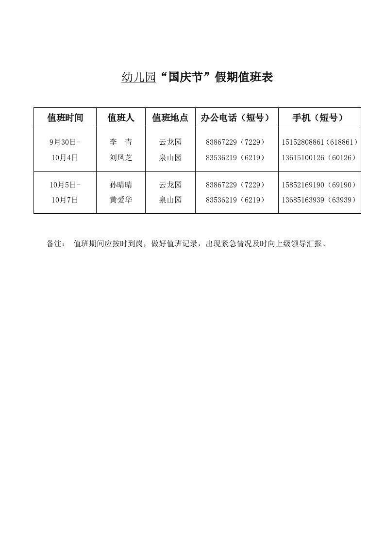 幼儿园“国庆节”假期值班表