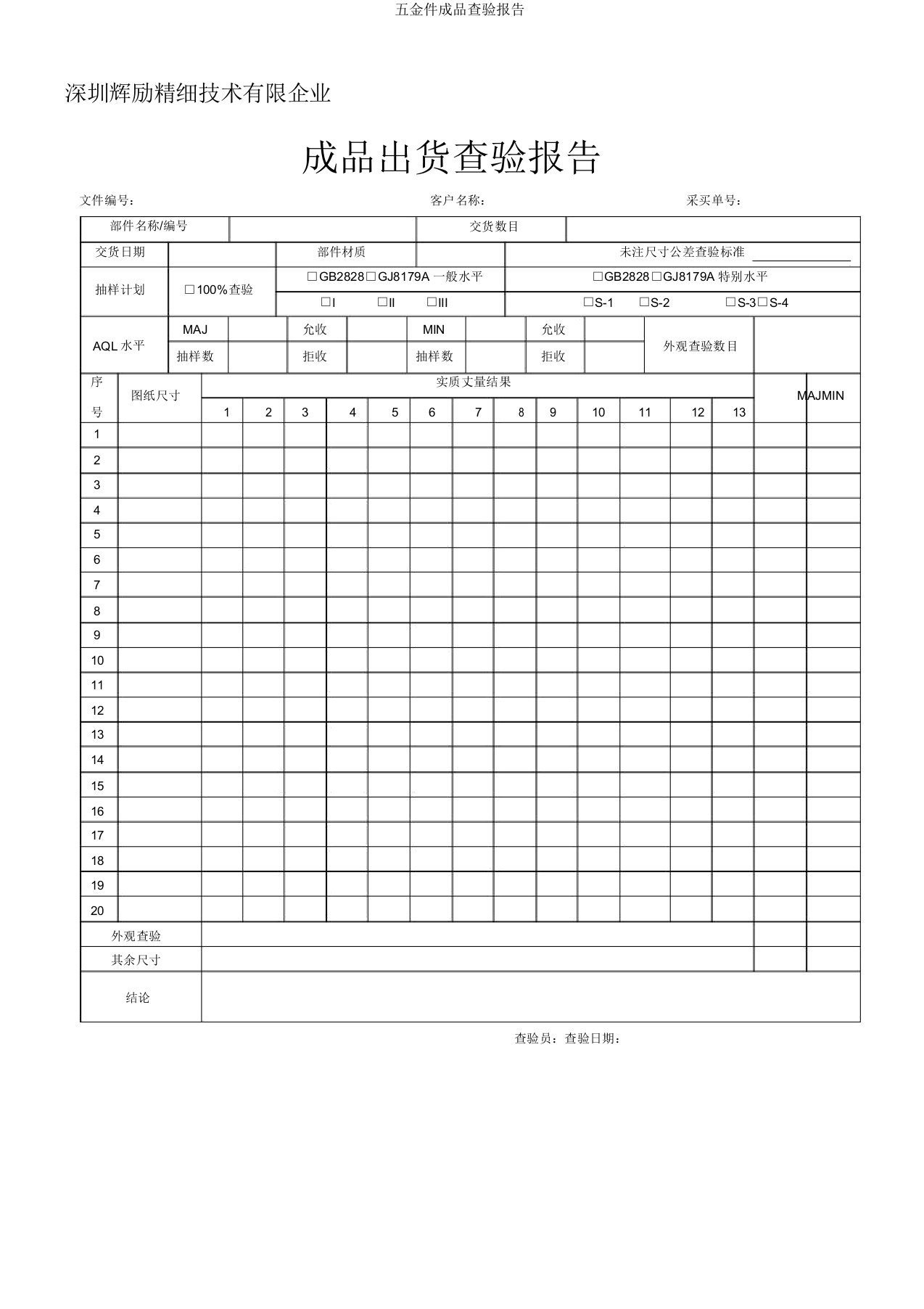 五金件成品检验报告