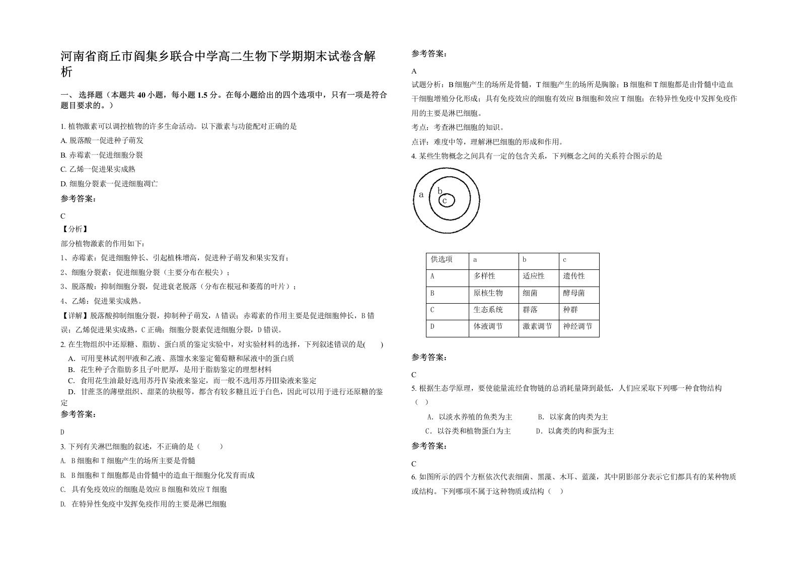 河南省商丘市阎集乡联合中学高二生物下学期期末试卷含解析