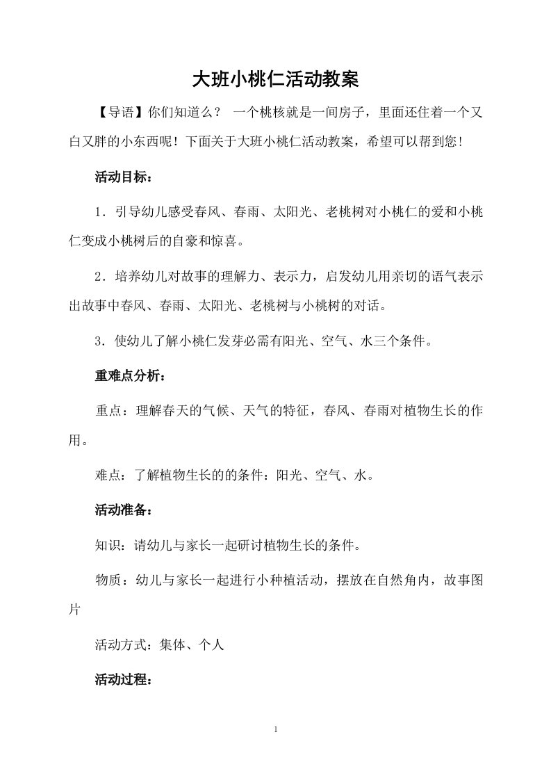 大班小桃仁活动教案